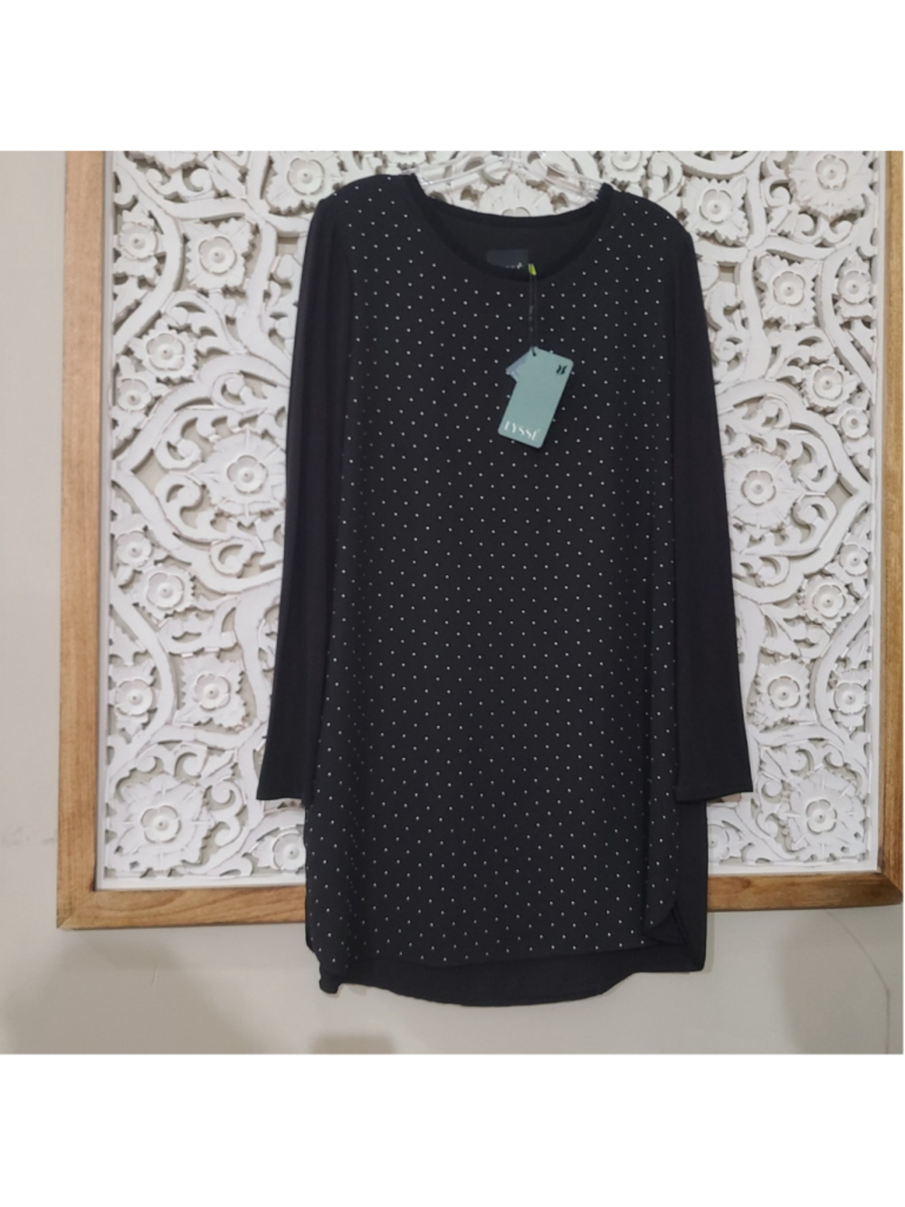 NEW Lysse Womens T Shirt Dress Long Sleeve Black White/Silver Polka Dot Large